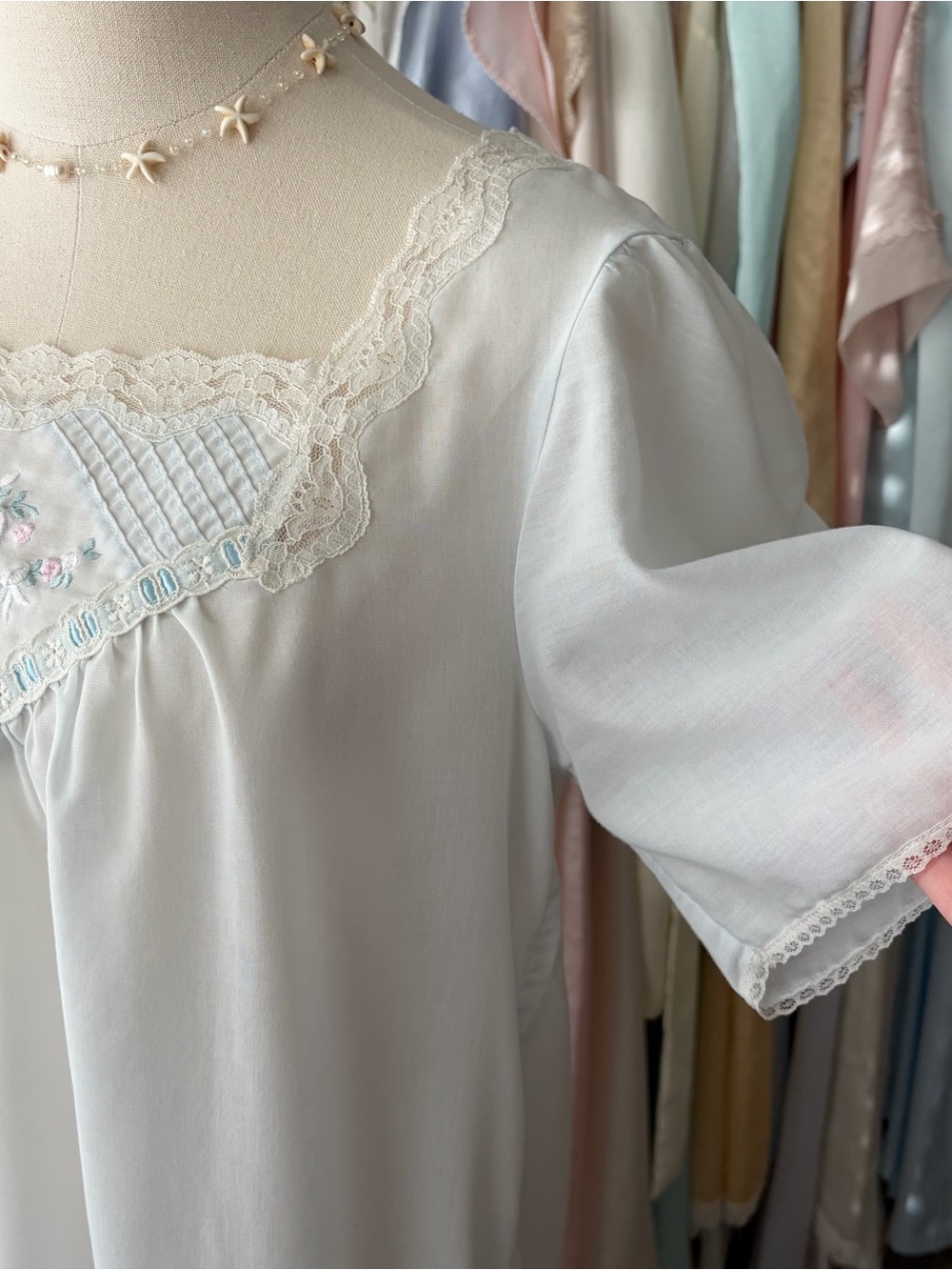 vintage barbizon cotton pastel short sleeve lace trim long babydoll nightgown - Picture 2 of 6